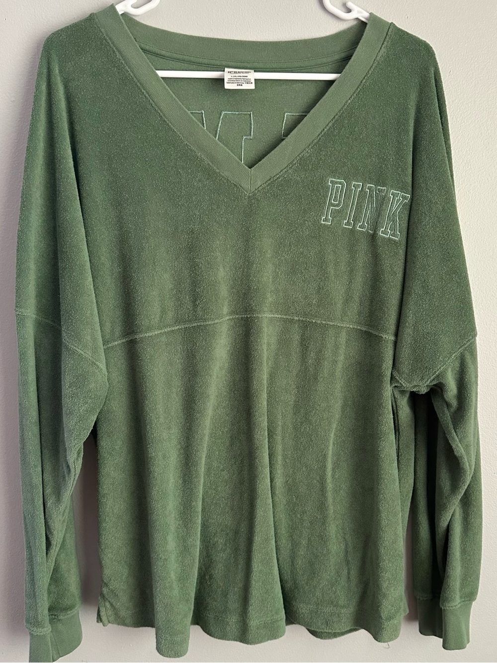 Large oversized VS PINK top green long sleeve French terry cloth varsity shirt L